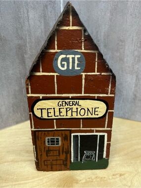 Folk Art Painted Brick GTE Telephone Cottage Vintage